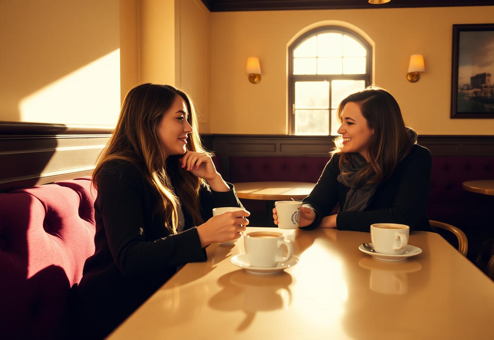 Two people talking over coffee in a warm, sunlit cafe